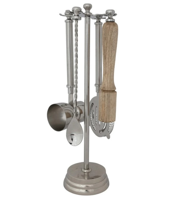 Stainless Steel & Mango Wood Bar Tools with 13"H Stand, Set of 5