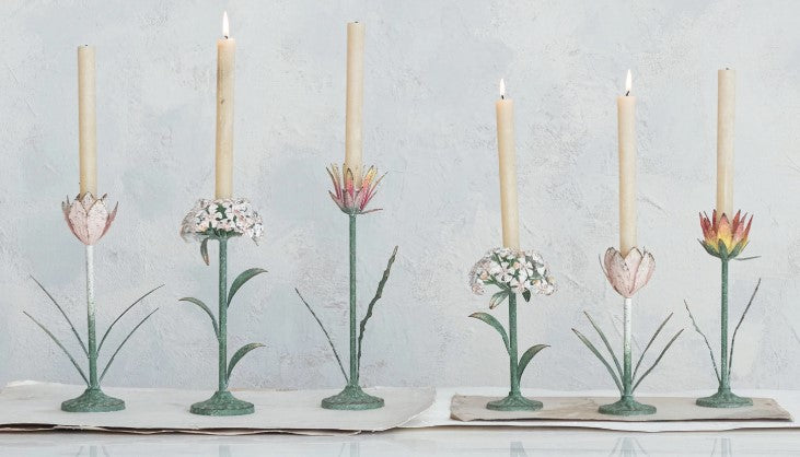 Painted Metal Vintage Reproduction Flower Candlesticks