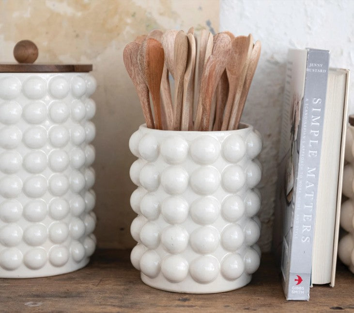 Raised Dot Ceramic Canister with Wood Lid
