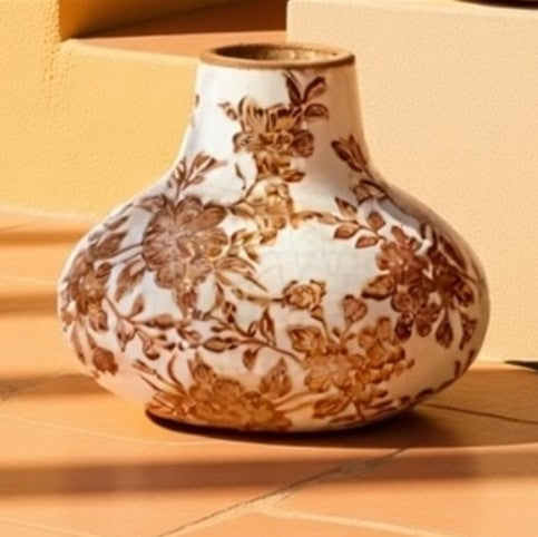 Cream and Brown Floral Vase